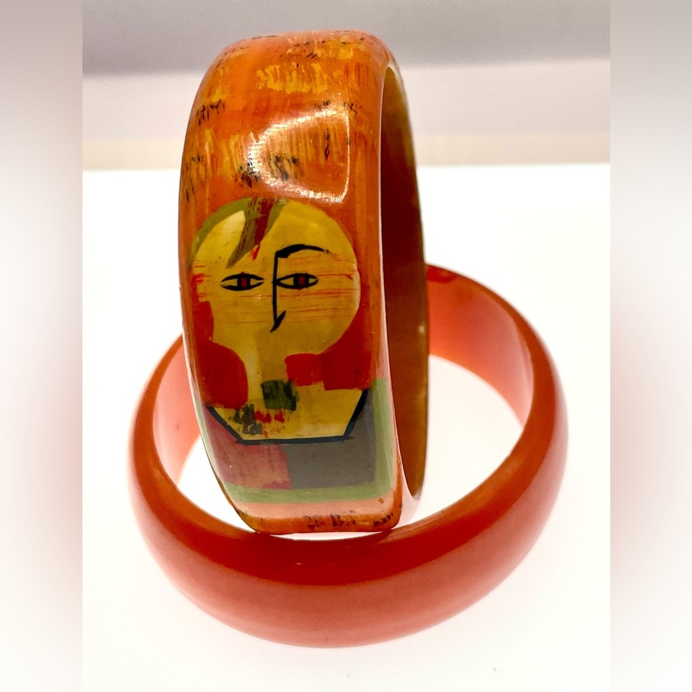 Vintage 70s Pair of Bangle Bracelets
Painted Wood Abstract and Orange Acrylic - Picture 2 of 8